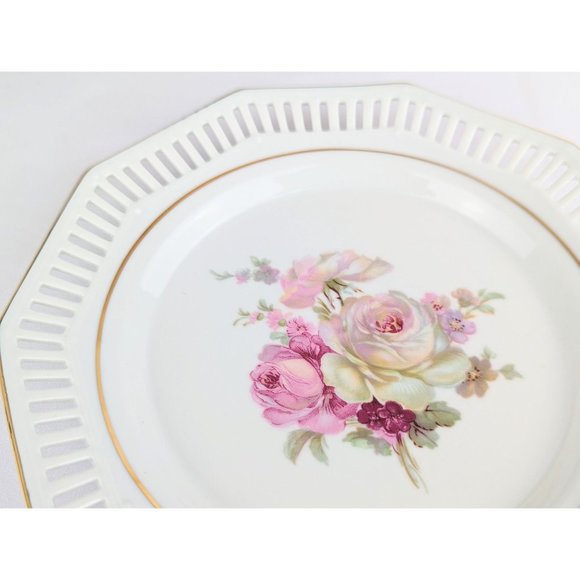 Vtg 1950s Porcelain Vanity Dish Octagon Gold Trim Lattice Reticulated Border - Picture 2 of 9